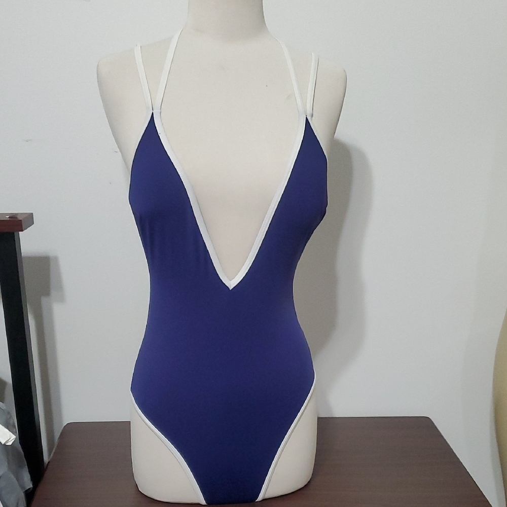 Blue and White One Piece Swimsuit with High-Leg Cut